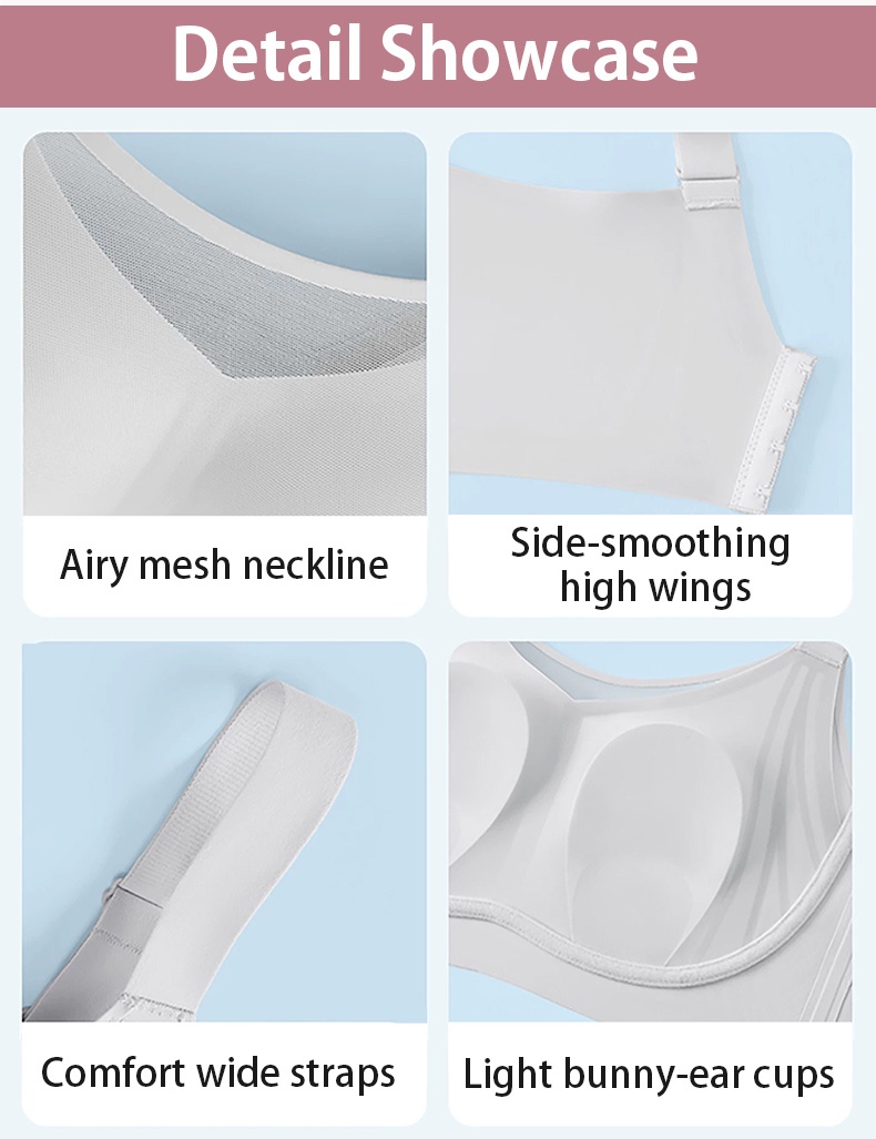 Detail showcase of mesh neckline high wings wide straps and shaped cups VEIMIA