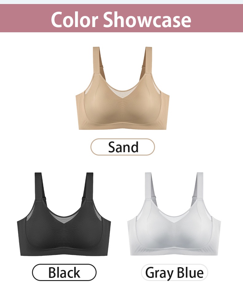 Color showcase of wireless bras in sand black and gray blue VEIMIA