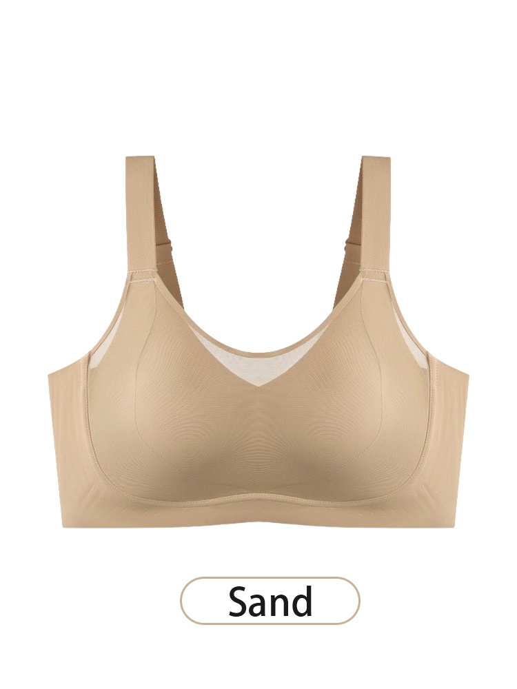 Sand wireless minimizer bra front view with mesh neckline and wide straps VEIMIA