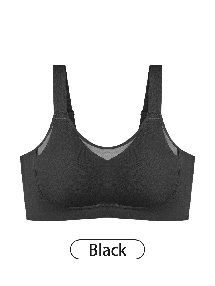 Black wireless minimizer bra front view with mesh neckline and wide straps VEIMIA