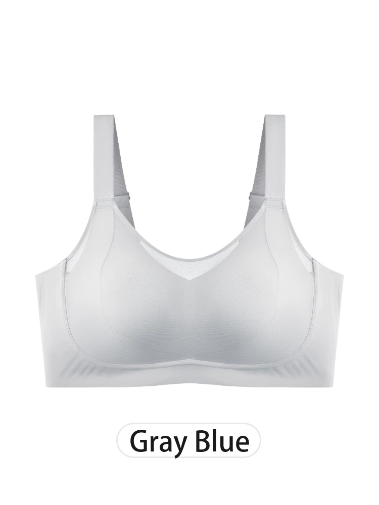 Gray blue wireless minimizer bra front view with mesh neckline VEIMIA