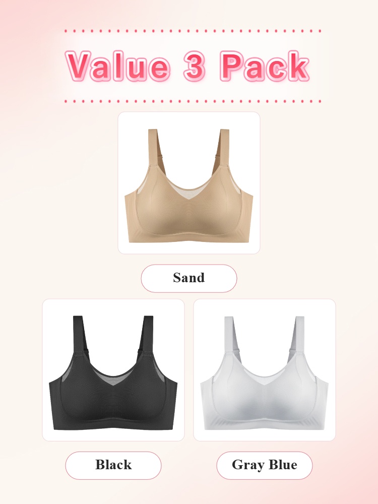 Value three pack wireless bras in sand black and gray blue VEIMIA
