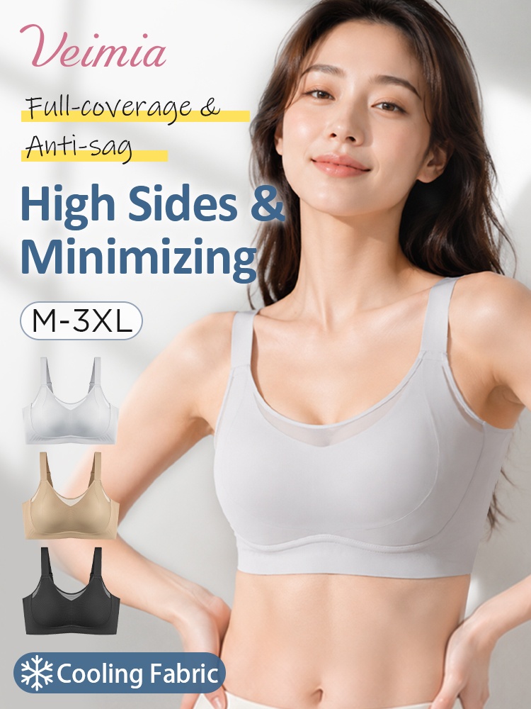 Model wearing gray blue full coverage minimizer bra with three color options VEIMIA