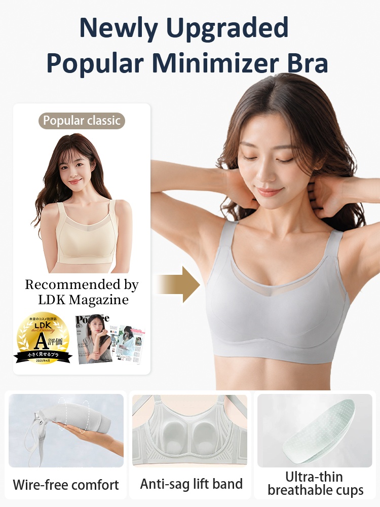 Feature graphic showing upgraded wireless minimizer bra and breathable cup design VEIMIA
