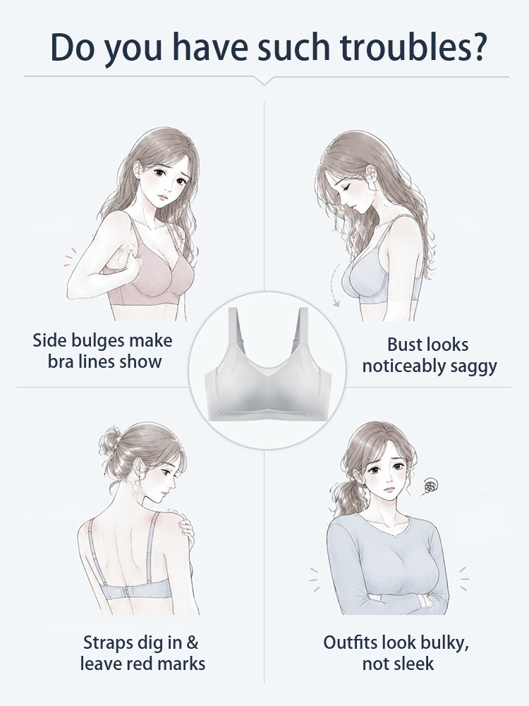 Illustration showing common bra fit concerns including side bulges and strap marks VEIMIA