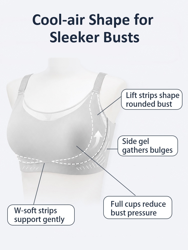 Support diagram showing lift strips side panels full cups and soft underband VEIMIA