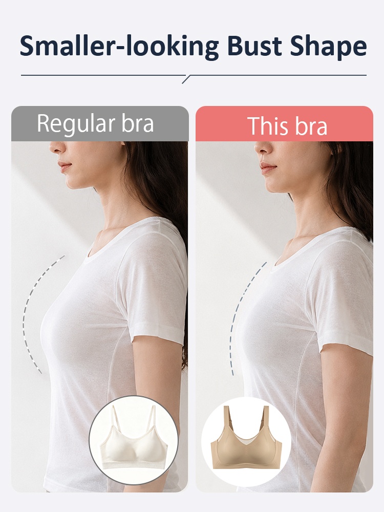 Comparison graphic showing a smaller looking bust shape under a white shirt VEIMIA
