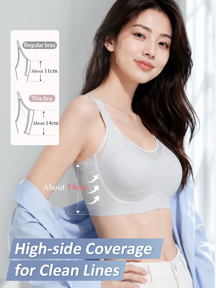 Model wearing gray blue bra with high side coverage and wide wings VEIMIA