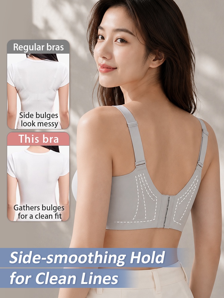 Back view of model wearing gray blue bra with side smoothing wings VEIMIA