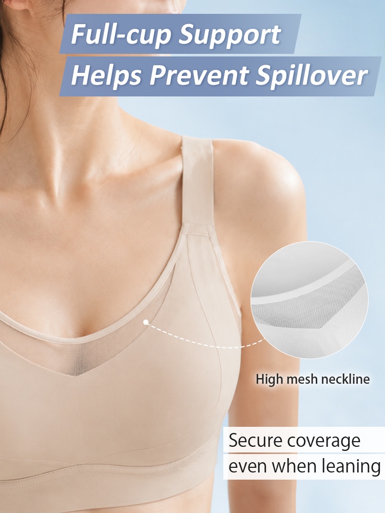 Close-up of sand bra mesh neckline providing secure full cup coverage VEIMIA