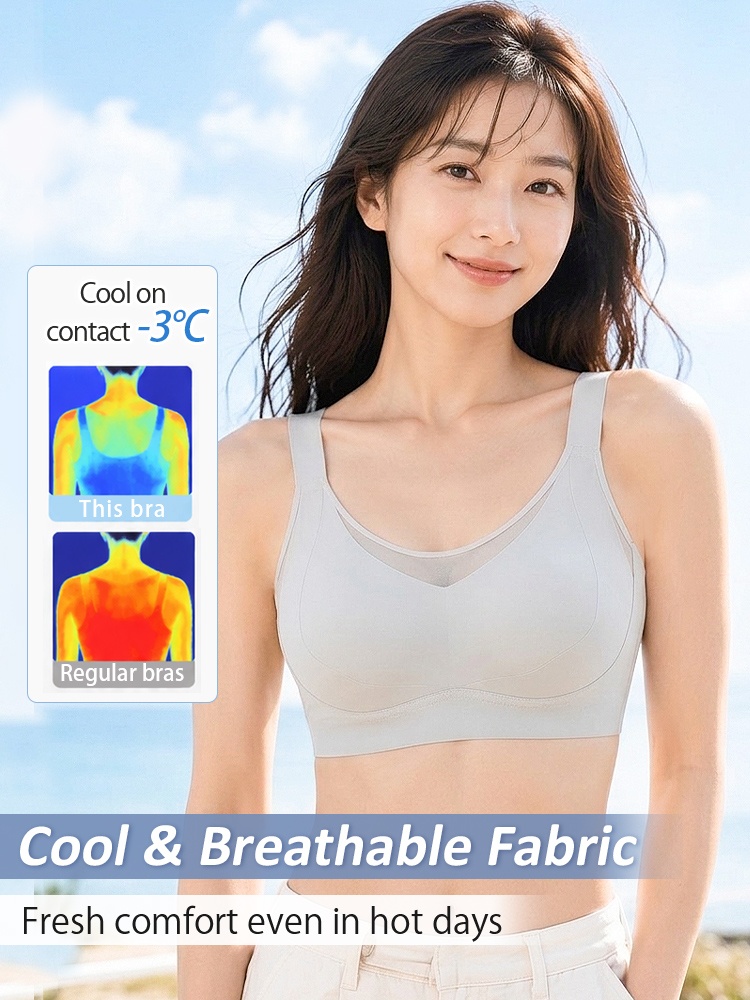 Feature graphic showing gray blue bra with cool breathable fabric comparison VEIMIA