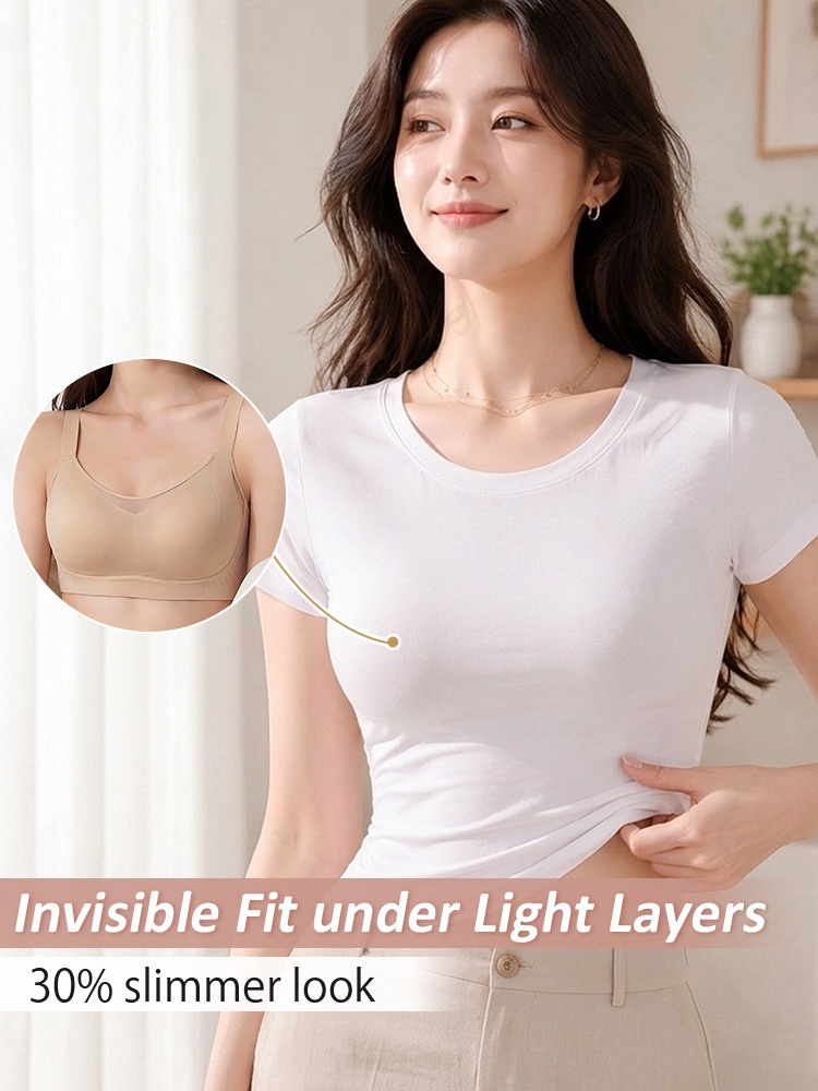 Model showing smooth sand bra fit beneath a light white shirt VEIMIA