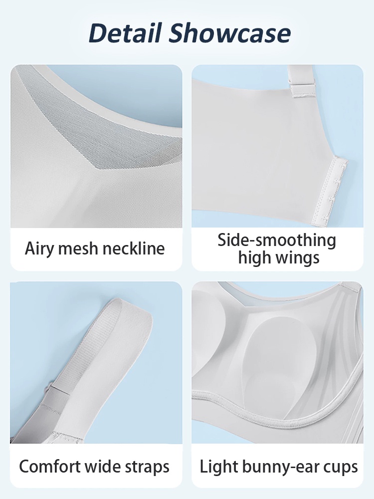 Detail showcase of mesh neckline high wings wide straps and shaped cups VEIMIA