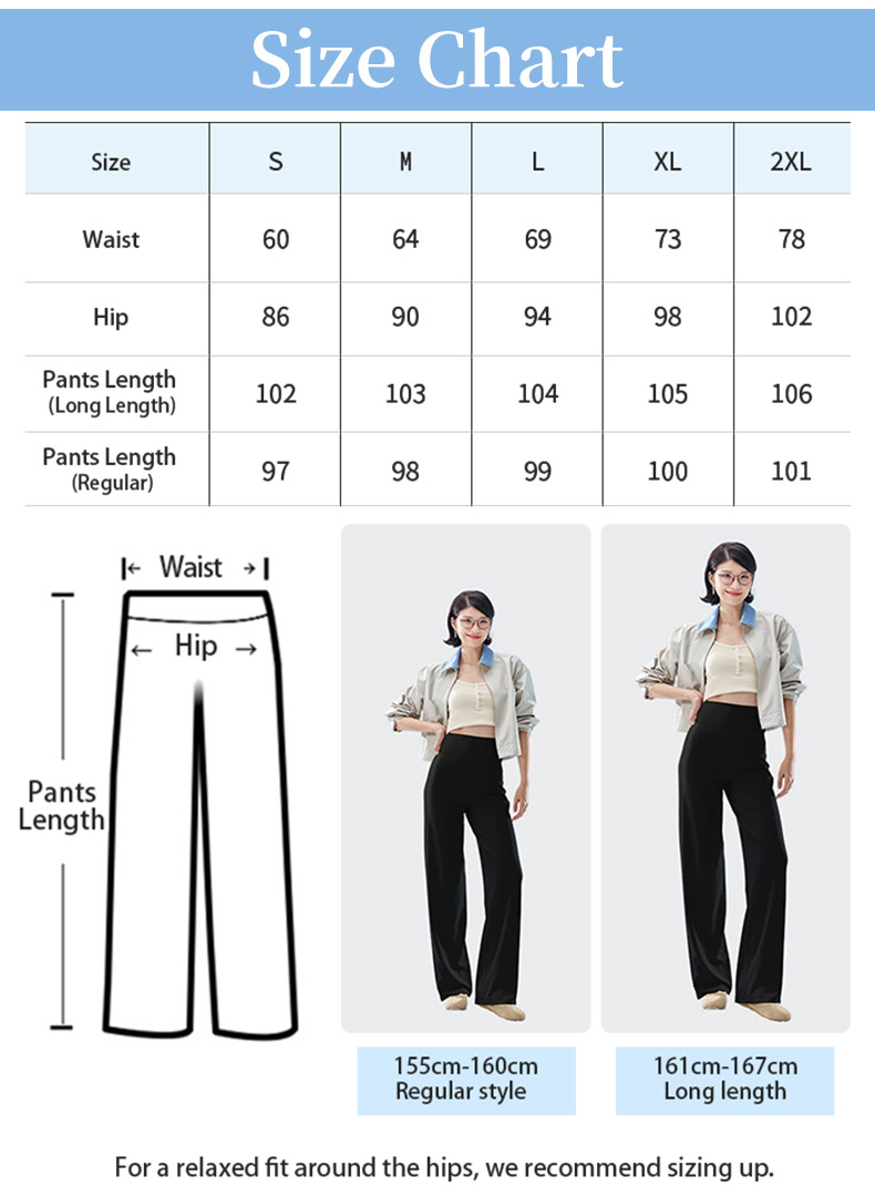 Size chart for straight-cut UV pants in S to 2XL with regular and long length guide VEIMIA