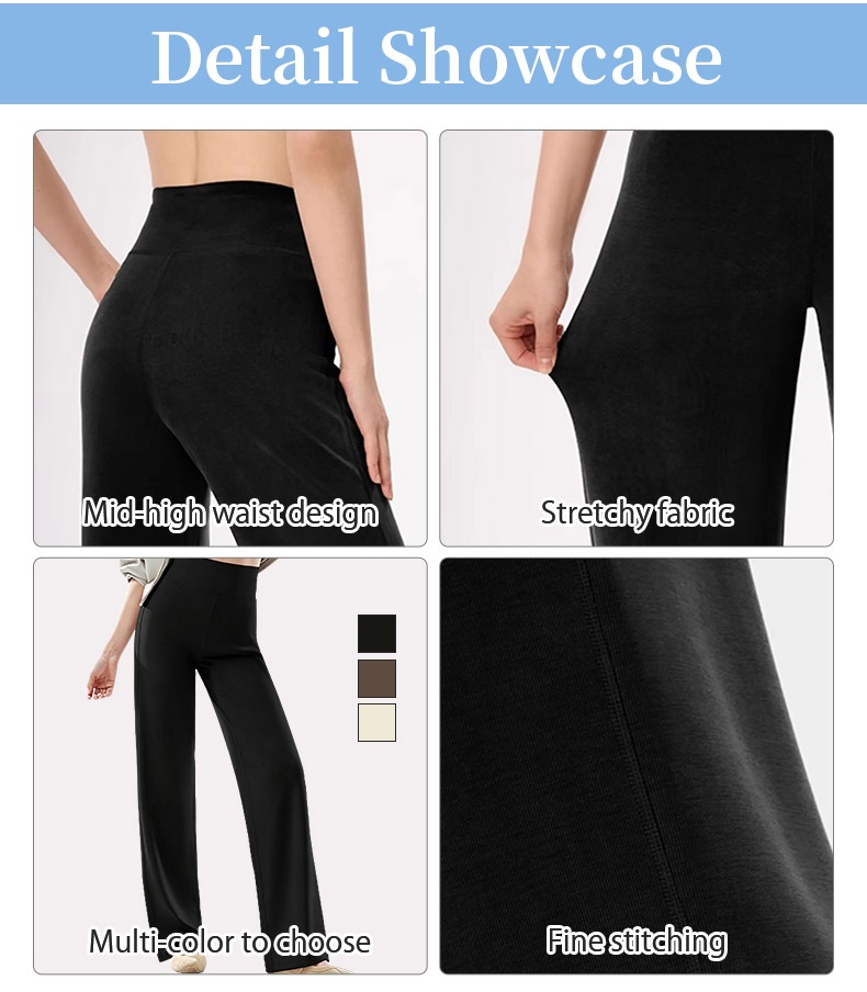 Straight-cut pants detail showcase with mid-high waist stretch fabric color options and fine stitching VEIMIA