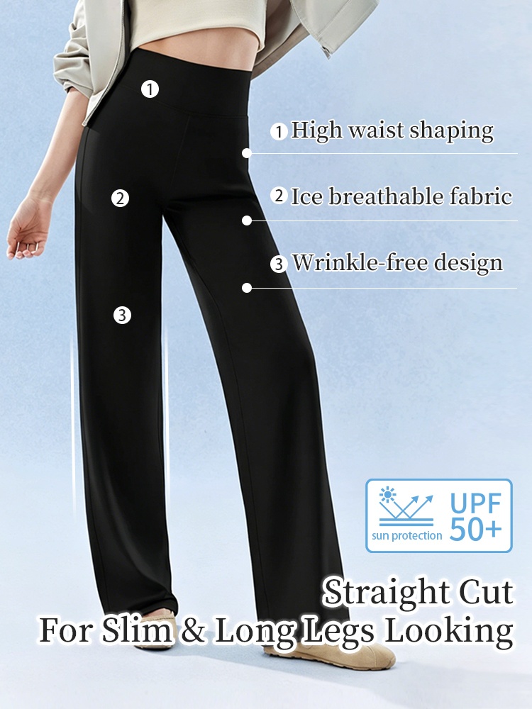 Black high-waist straight-cut pants with breathable fabric wrinkle-free design and UPF50 sun protection VEIMIA