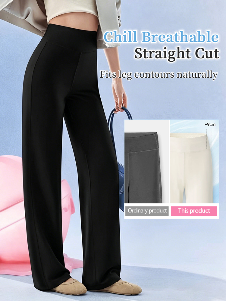 Black straight-cut pants showing breathable fit and longer leg coverage comparison VEIMIA