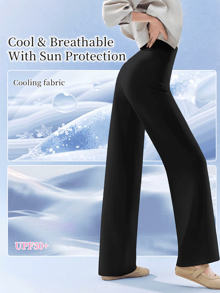 Black straight-cut pants with cooling breathable fabric and UPF50 sun protection feature VEIMIA
