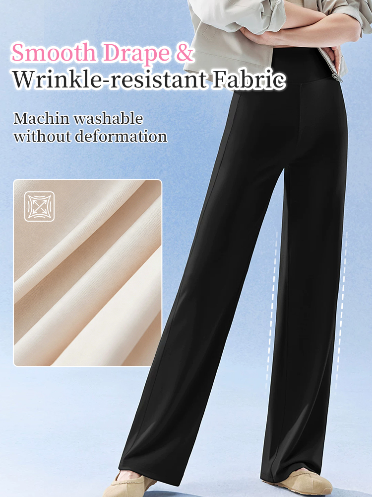 Black straight-cut pants with smooth drape and wrinkle-resistant washable fabric detail VEIMIA