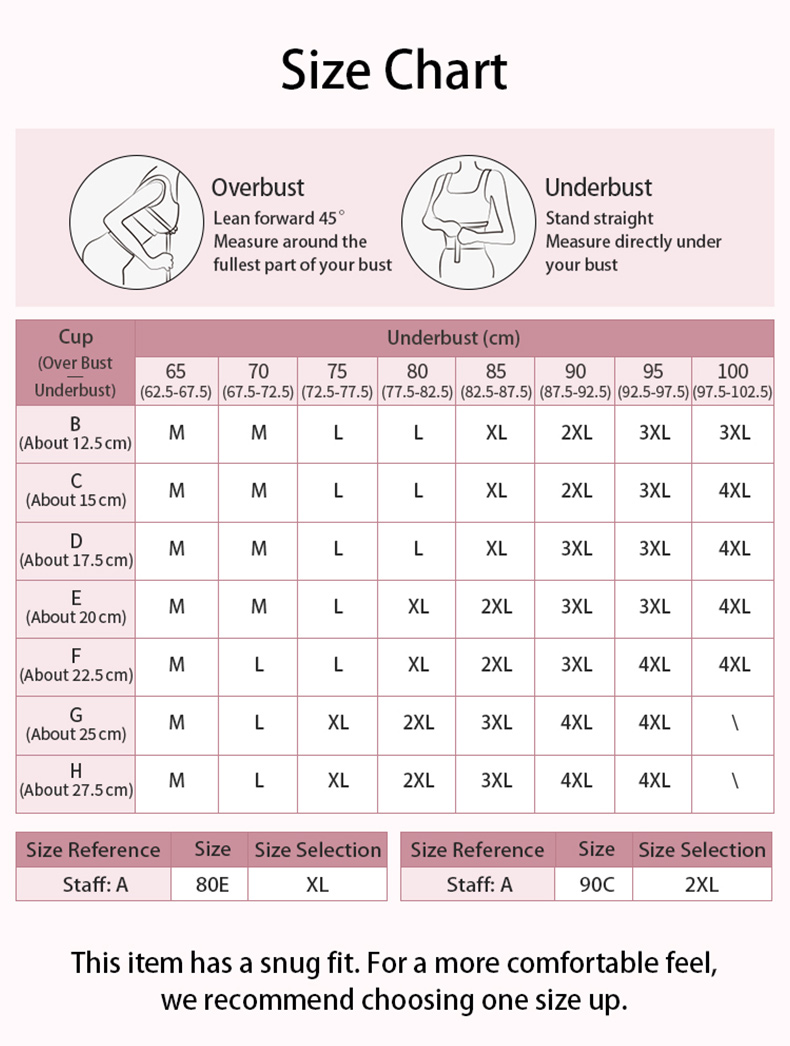 Veimia Size Chart of Visually Slimming No.1 Minimizer Bra