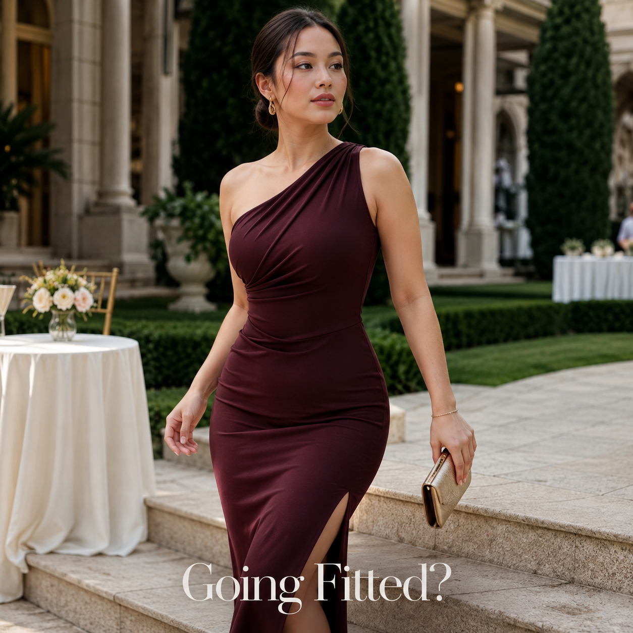 Woman in a fitted burgundy gown at a wedding venue – shop smoothing shapewear VEIMIA