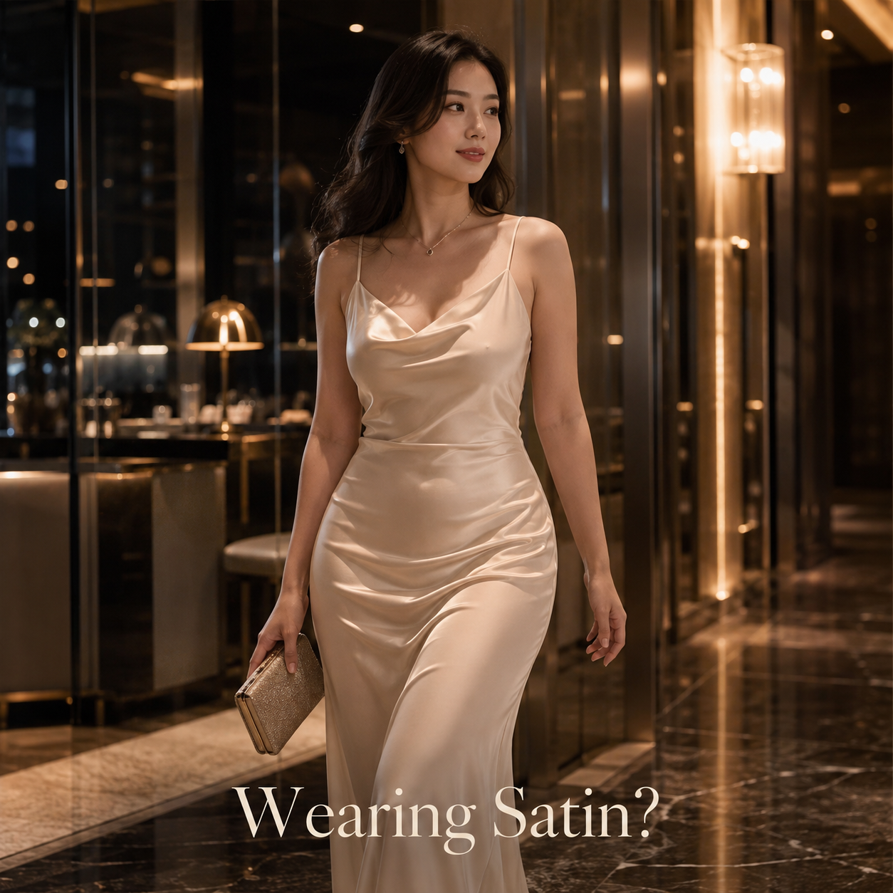Woman in a champagne satin gown at an evening gala – shop seamless panties for a smooth look VEIMIA
