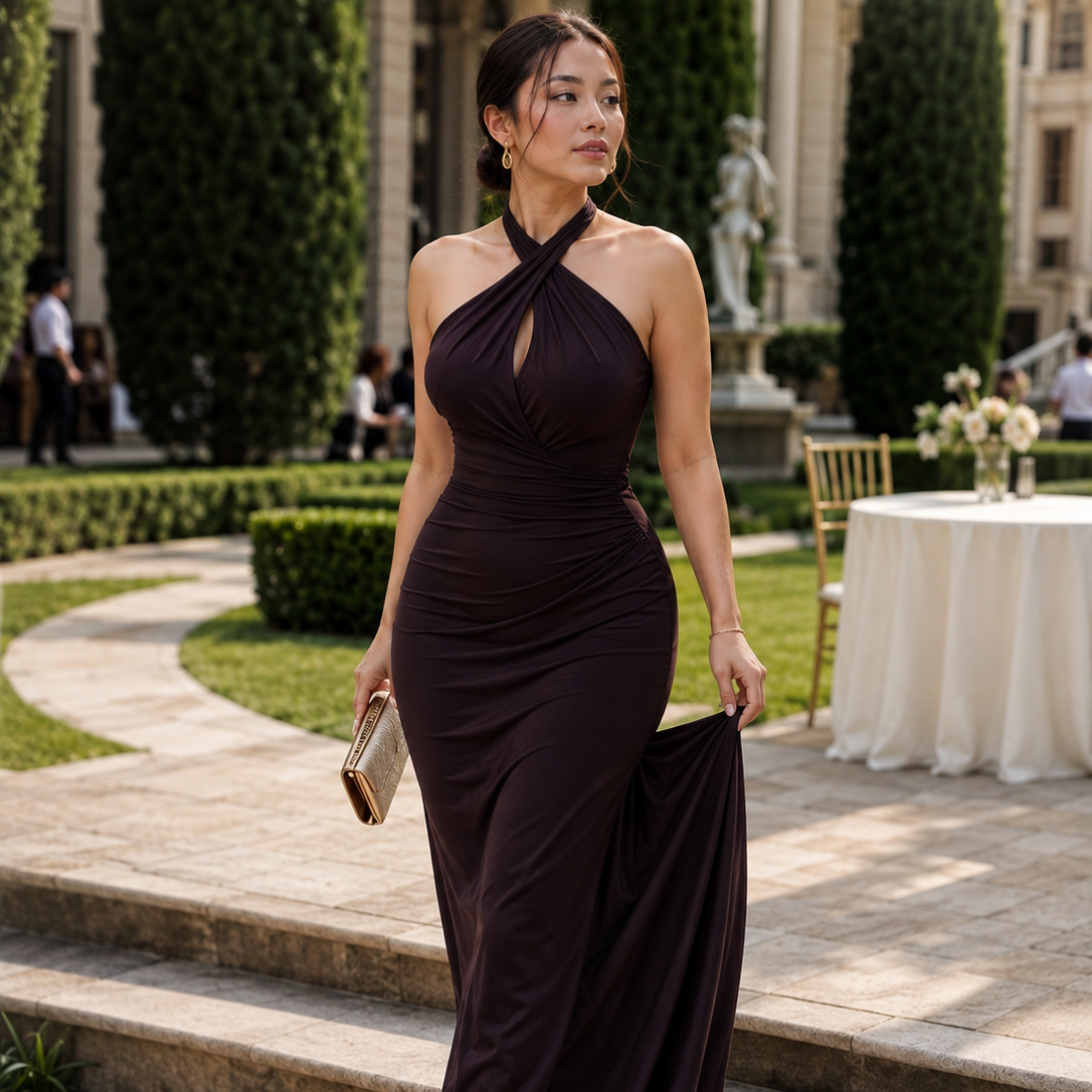Woman in a fitted dark gown at a garden wedding – smooth and refined silhouette VEIMIA