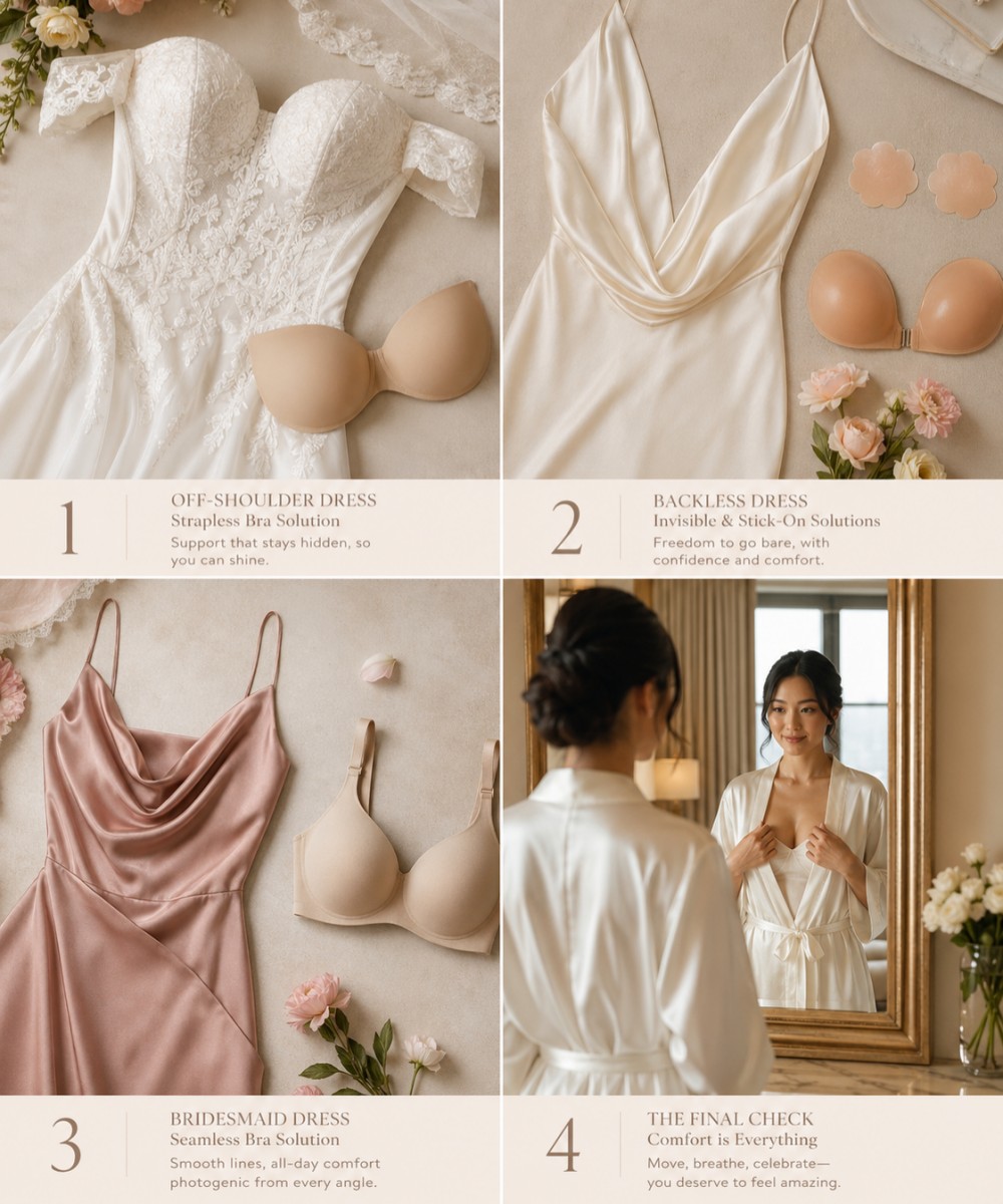 VEIMIA bridal preparation with invisible wedding bra and romantic wedding accessories