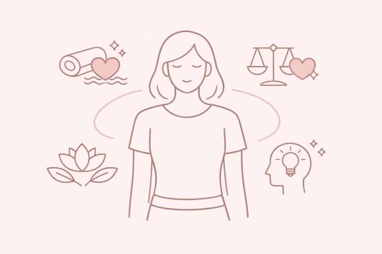 Illustration explaining the wellbeing definition through physical comfort, emotional balance, and mental clarity in women.