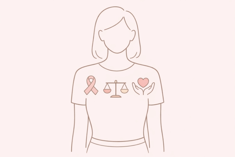 Illustration explaining the wellbeing definition through breast awareness and everyday body care for women.