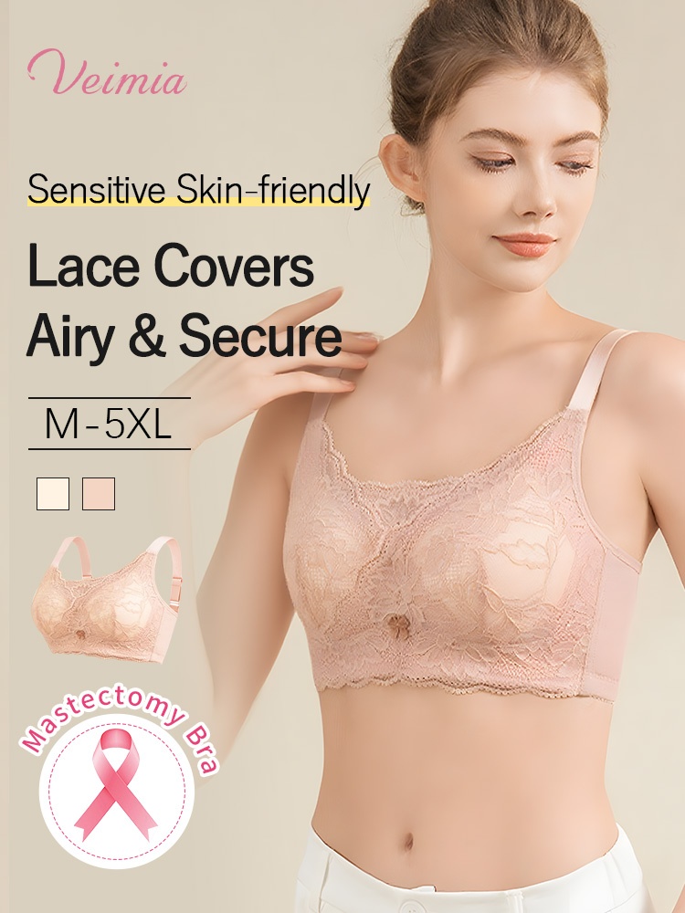 Wireless Lace Mastectomy Bra With Prosthesis Pockets, Sensitive Skin-friendly Cotton Lining For Comfort Fits VEIMIA