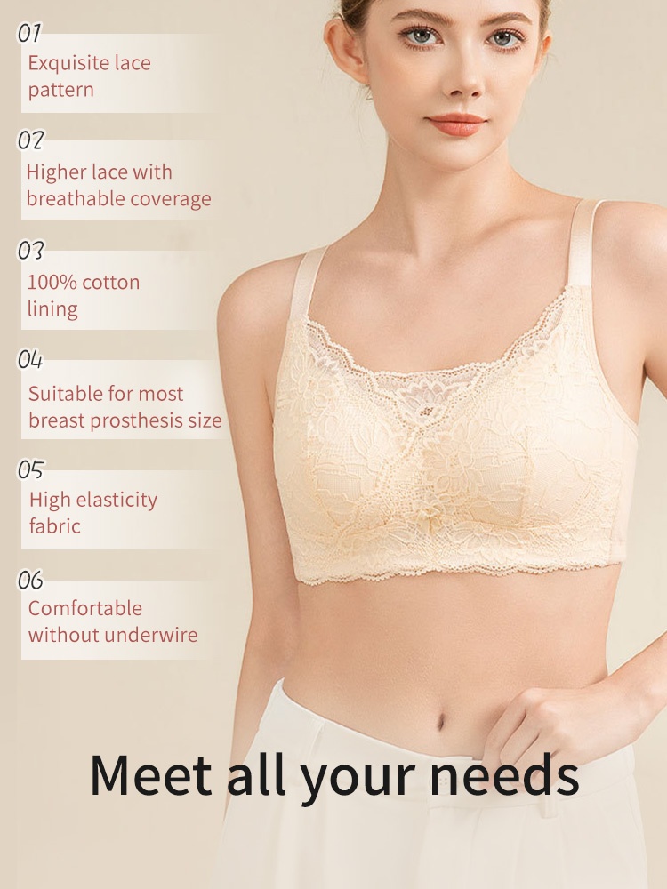 Wireless Lace Mastectomy Bra With Prosthesis Pockets, Sensitive Skin-friendly Cotton Linings For Comfort Fits VEIMIA