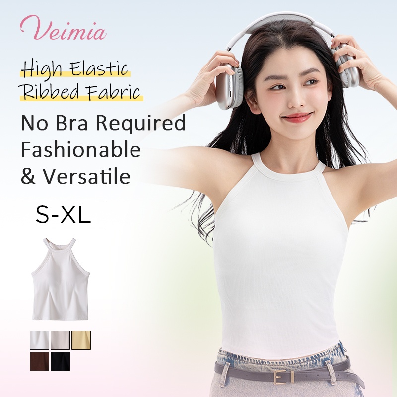 Ribbed Tank Tops With Built-in 3D Cup Bra - 2 In 1 Fashionable & Versatile Halter Tops Cover Armpit Fat & Show Beautiful Back VEIMIA