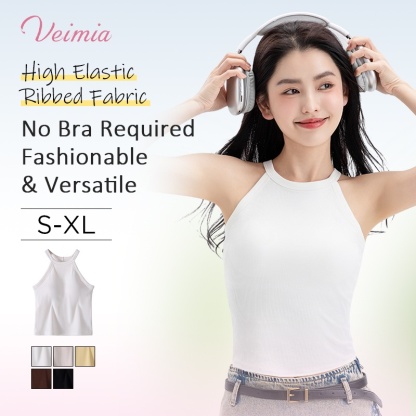 Ribbed Tank Tops With Built-in 3D Cup Bra - 2 In 1 Fashionable & Versatile Halter Tops Cover Armpit Fat & Show Beautiful Back VEIMIA