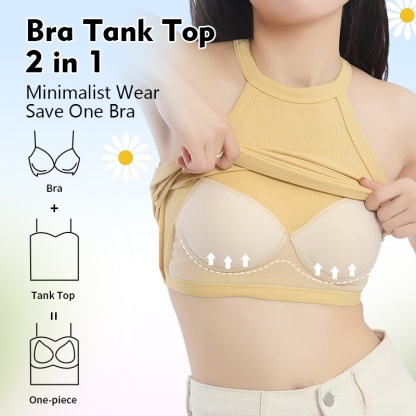 Ribbed Tank Tops With Built-in 3D Cup Bra 2 In 1 Fashionable & Versatile Halter Tops Cover Armpit Fat & Show Beautiful Back VEIMIA