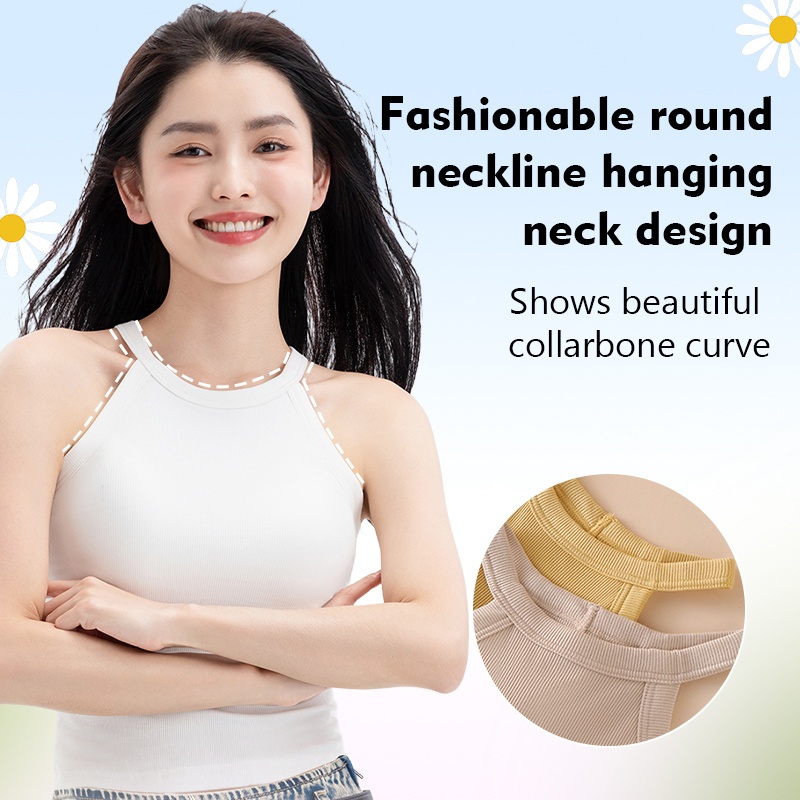 Ribbed Tank Top With Built-in 3D Cup Bra - 2 In 1 Fashionable & Versatile Halter Tops Cover Armpit Fat & Show Beautiful Back VEIMIA