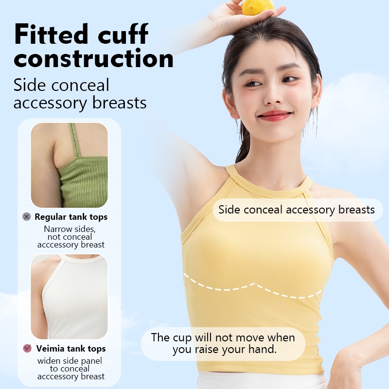 Ribbed Tank Tops With Built-in 3D Cup Bra - 2 In 1 Fashionable & Versatile Halter Top Cover Armpit Fat & Show Beautiful Back VEIMIA