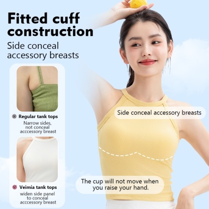 Ribbed Tank Tops With Built-in 3D Cup Bra - 2 In 1 Fashionable & Versatile Halter Top Cover Armpit Fat & Show Beautiful Back VEIMIA