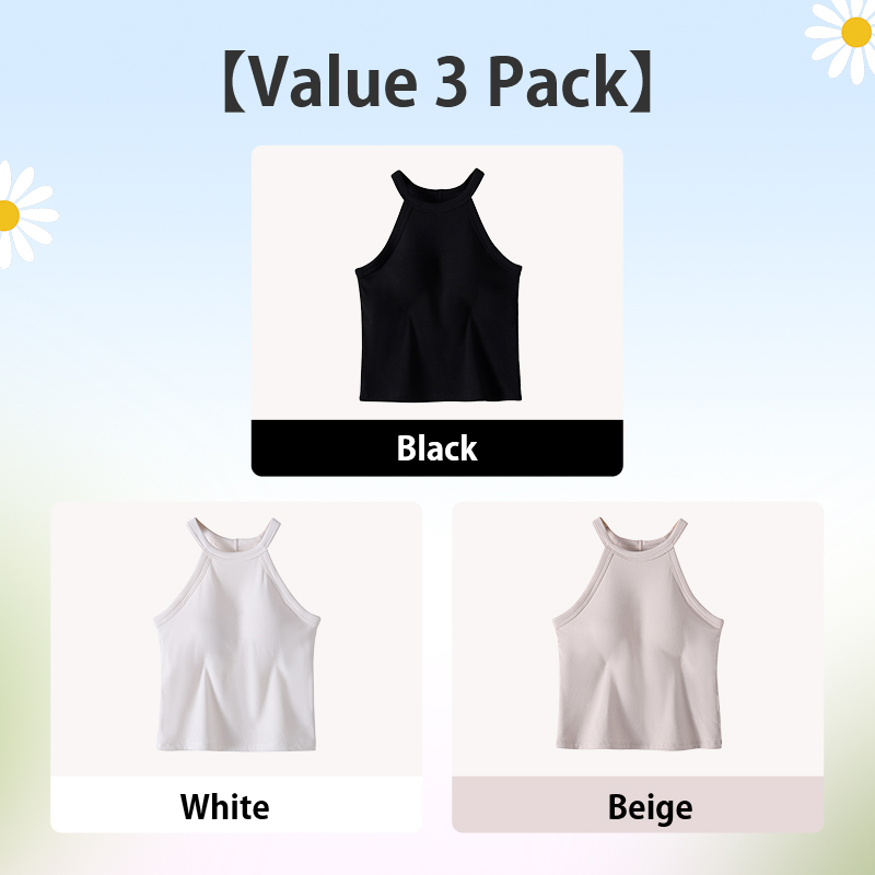 3 Pieces Ribbed Tank Tops With Built-in 3D Cup Bra - 2 In 1 Fashionable & Versatile Halter Tops Cover Armpit Fat & Show Beautiful Back VEIMIA