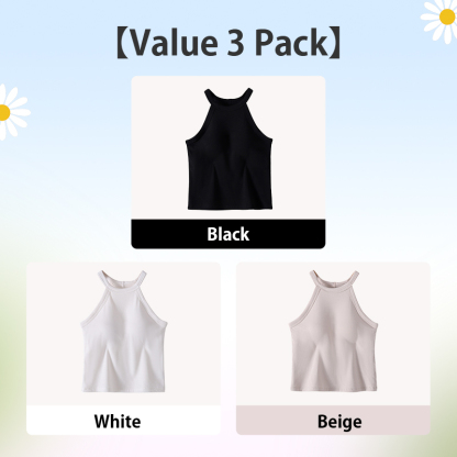 3 Pieces Ribbed Tank Tops With Built-in 3D Cup Bra - 2 In 1 Fashionable & Versatile Halter Tops Cover Armpit Fat & Show Beautiful Back VEIMIA