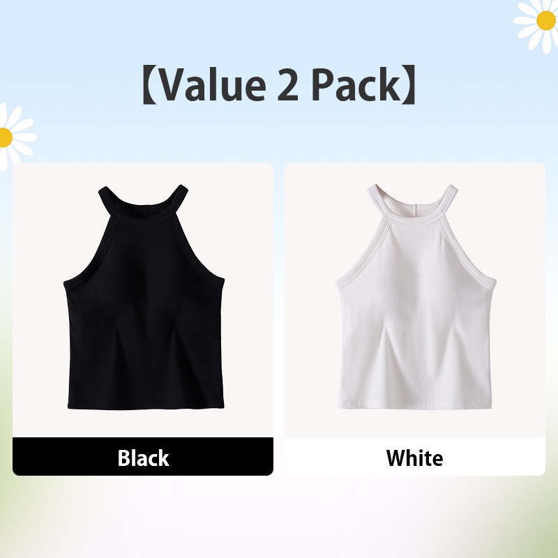 2 Pieces Ribbed Tank Tops With Built-in 3D Cup Bra 2 In 1 Fashionable & Versatile Halter Tops Cover Armpit Fat Show Beautiful Back VEIMIA