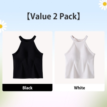 2 Pieces Ribbed Tank Tops With Built-in 3D Cup Bra 2 In 1 Fashionable & Versatile Halter Tops Cover Armpit Fat Show Beautiful Back VEIMIA