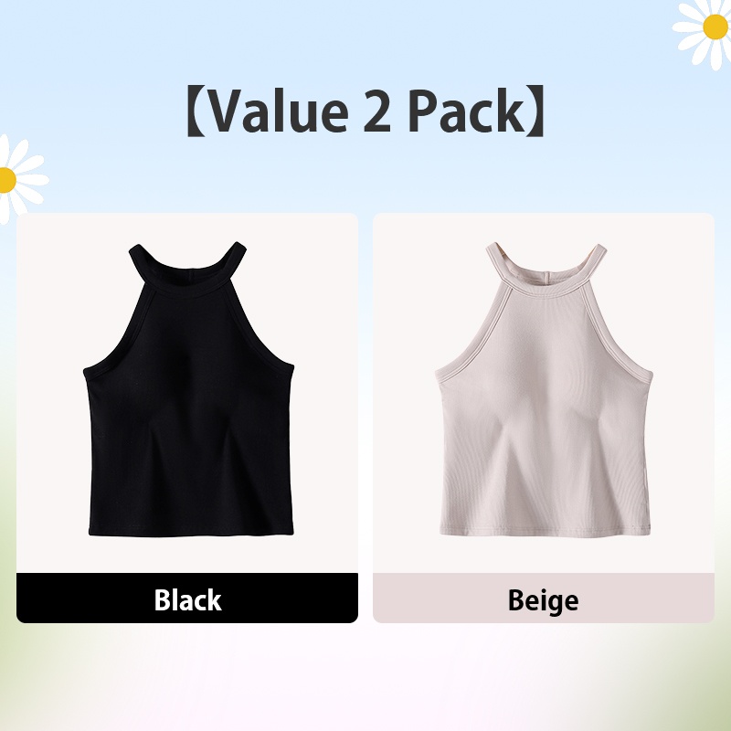 2 Pieces Ribbed Tank Top With Built-in 3D Cup Bra 2 In 1 Fashionable & Versatile Halter Tops Cover Armpit Fat Show Beautiful Back VEIMIA