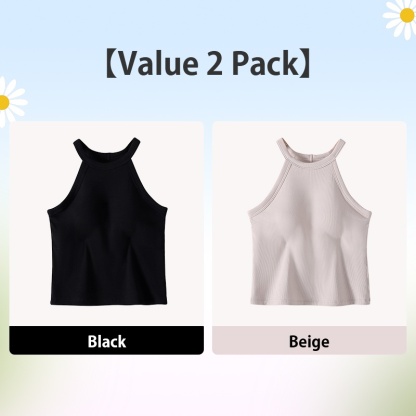 2 Pieces Ribbed Tank Top With Built-in 3D Cup Bra 2 In 1 Fashionable & Versatile Halter Tops Cover Armpit Fat Show Beautiful Back VEIMIA