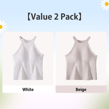 2 Pieces Ribbed Tank Tops With Built-in 3D Cup Bra 2 In 1 Fashionable & Versatile Halter Tops Cover Armpit Fat VEIMIA