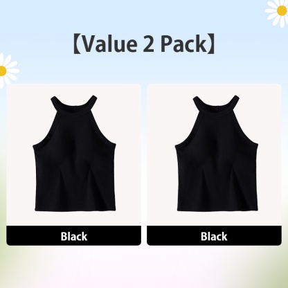 2 Pieces Ribbed Tank Tops With Built-in 3D Cup Bra 2 In 1 Fashionable & Versatile Halter Top Cover Armpit Fat VEIMIA