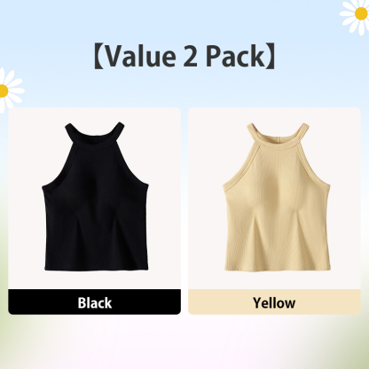 2 Pieces Ribbed Tank Tops With Built-in 3D Cup Bra 2 In 1 Fashionable & Versatile Halter Top Cover Armpit Fat Show Beautiful Back VEIMIA