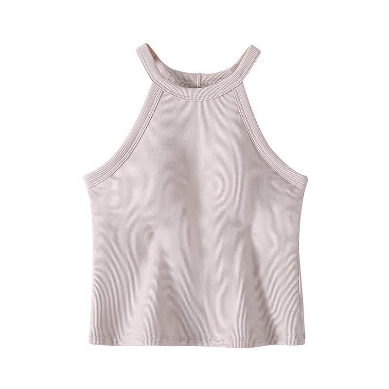 Beige Color Ribbed Tank Tops With Built-in 3D Cup Bra 2 In 1 Fashionable & Versatile Halter Tops Cover Armpit Fat Show Beautiful Back VEIMIA