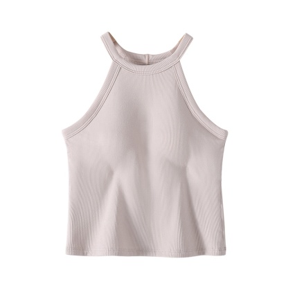 Beige Color Ribbed Tank Tops With Built-in 3D Cup Bra 2 In 1 Fashionable & Versatile Halter Tops Cover Armpit Fat Show Beautiful Back VEIMIA