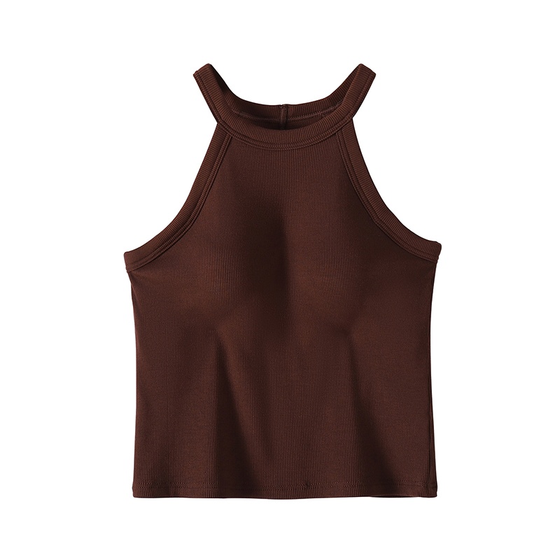 Brown Color Ribbed Tank Tops With Built-in 3D Cup Bra 2 In 1 Fashionable & Versatile Halter Tops Cover Armpit Fat Show Beautiful Back VEIMIA